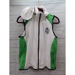LRL Lauren Active Vest Womens Green White Zip Pockets Hood Fold/Hide In Collar M